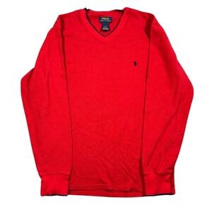 Polo Ralph Lauren Mens Red Waffle Knit Thermal V-Neck Long Sleeve Shirt Large